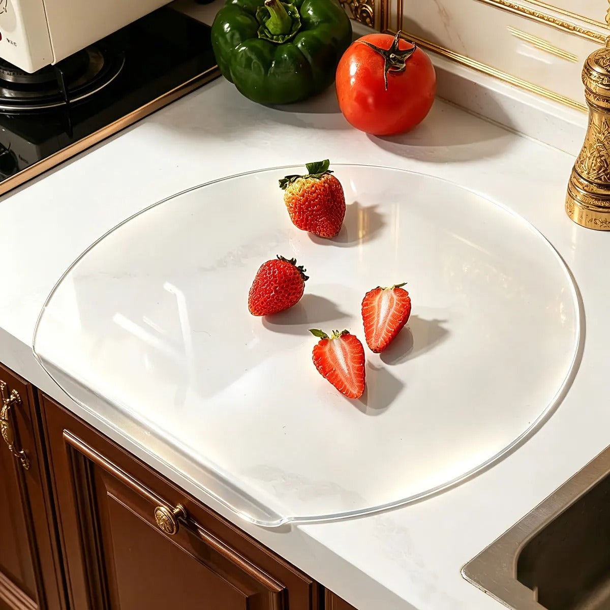 Pasteque coupe en triangle sur Planche a decouper avec rebord noir