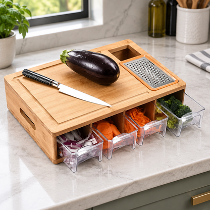Planche a decouper professionnelle avec une aubergine sur un comptoir de cuisine