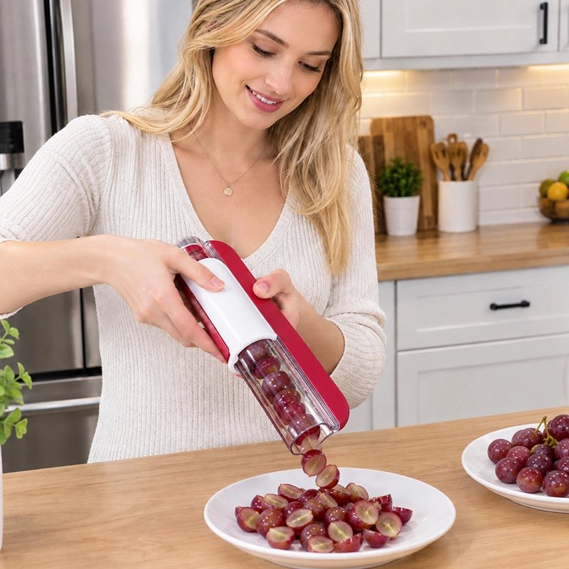 Coupe légumes manuel utilisé par femme souriante pour couper raisin