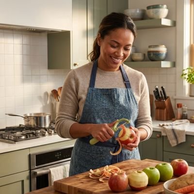 Épluche pomme de terre polyvalent utilisé par femme souriante pour pomme fruit