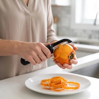 Épluche pomme noir épluchant kaki au dessus d'une assiette blanche