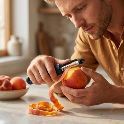 Épluche pomme utlisé par un homme pour éplucher une pêche