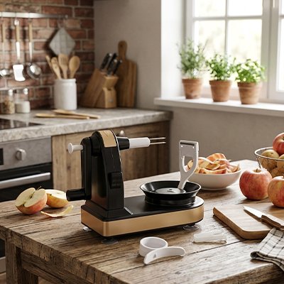 Éplucheur à pommes sur table en bois avec pomme coupé
