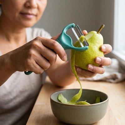 éplucheuse légumes ergonomique épluchant poire au dessus d'un bol gris