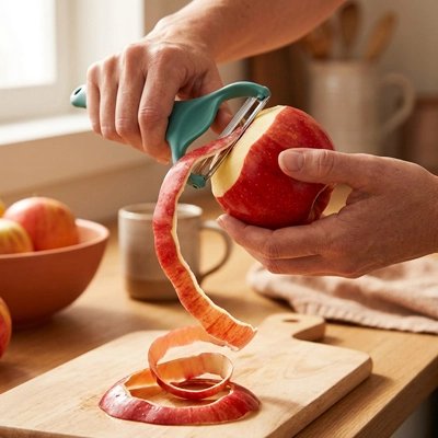 éplucheuse légumes ergonomique épluchant pomme rouge epluchure tonbant sur planche a découper