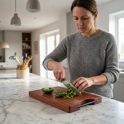Femme coupant poivron sur Planche à découper bois posé sur comptoir de cuisine