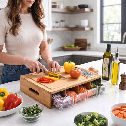 femme decoupant poivron sur Planche a decouper professionnelle