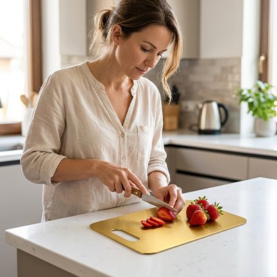 Femme découpe fraise sur Planche a decouper poser sur comptoir en mabre