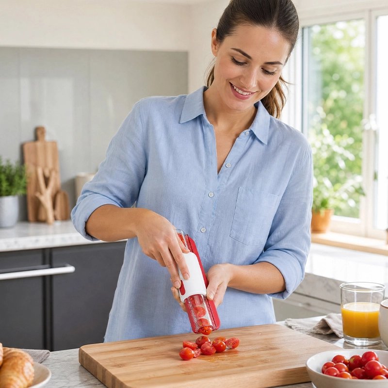 Femme en chemenise bleu utilise Coupe légumes manuel rouge au dessus d'une planche en bois