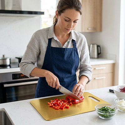 Femme en tablier bleu utilisant Planche a decouper doré pour couper poivron rouge