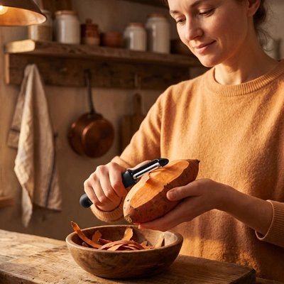 Femme épluchant patate douce avec Épluche pomme noir