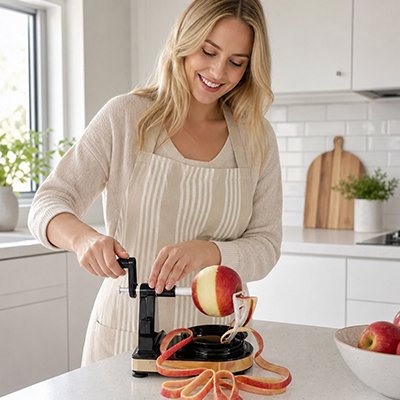 Femme souriante utilisant Éplucheur à pommes