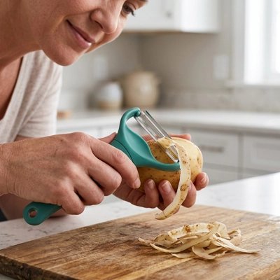 Femme souriante utilise éplucheuse légumes ergonomique pour éplucher pomme de terre