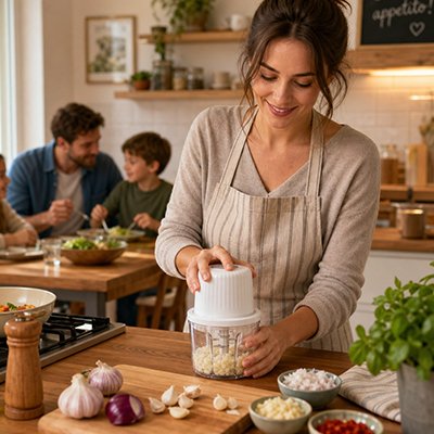 femme souriante utilise Hachoir electrique pour légume