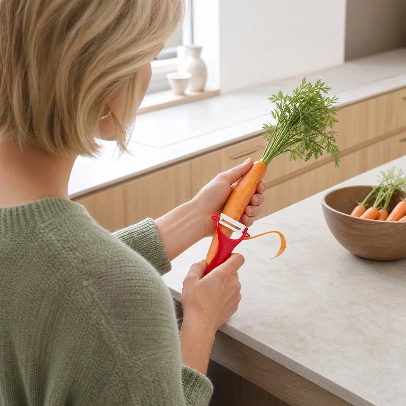 Femme utilisant Éplucheur à légumes lame céramique pour éplucher carotte