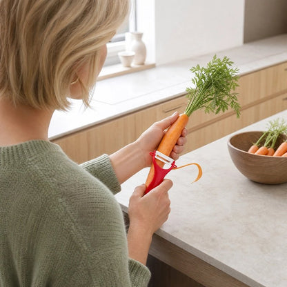 Femme utilisant Éplucheur à légumes lame céramique pour éplucher carotte