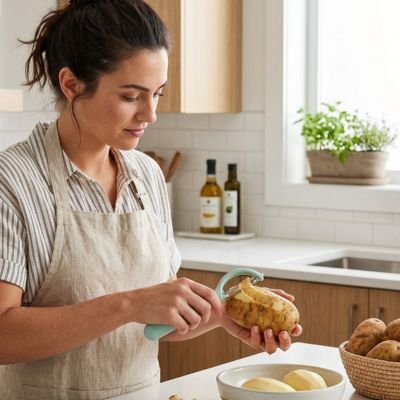 Femme utilise Épluche pomme de terre bleu pour éplucher pomme de terre