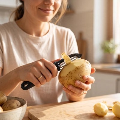 Femme utilise Épluche pomme noir pour peler pomme de terre