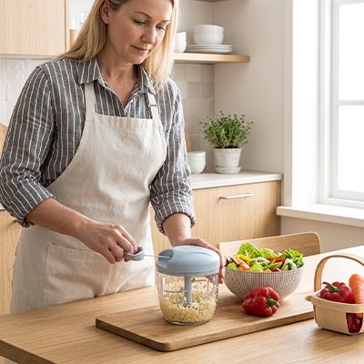 Femme utilise Hachoir pour légumes