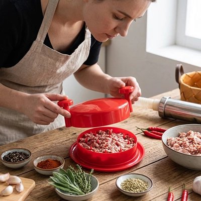 Femme utilise Hachoir viande manuel rouge compact