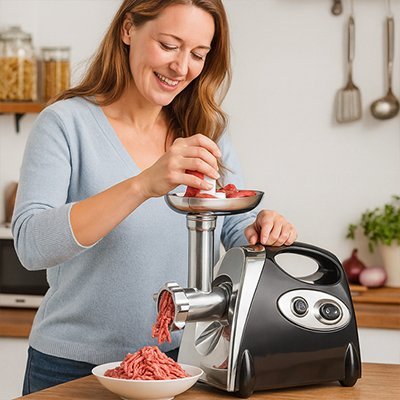 femme-utilsant-hachoir-a-viande-electrique-avec-joie