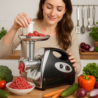 Hachoir a viande electrique sur table avec viande haché