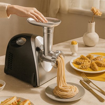 hachoir-a-viande-electrique-sur-table-rempli-de-different-type-de-pâtes