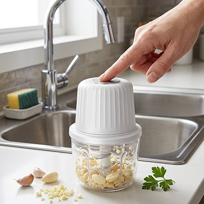 Hachoir electrique sans fil sur un beau comptoir de cuisine