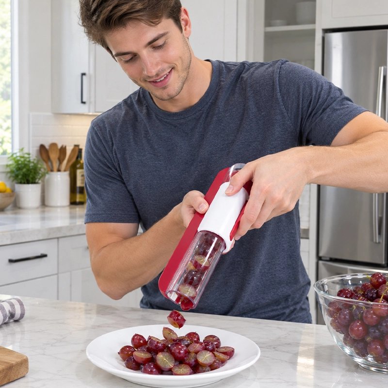 homme coupe raisin avec Coupe légumes manuel rouge