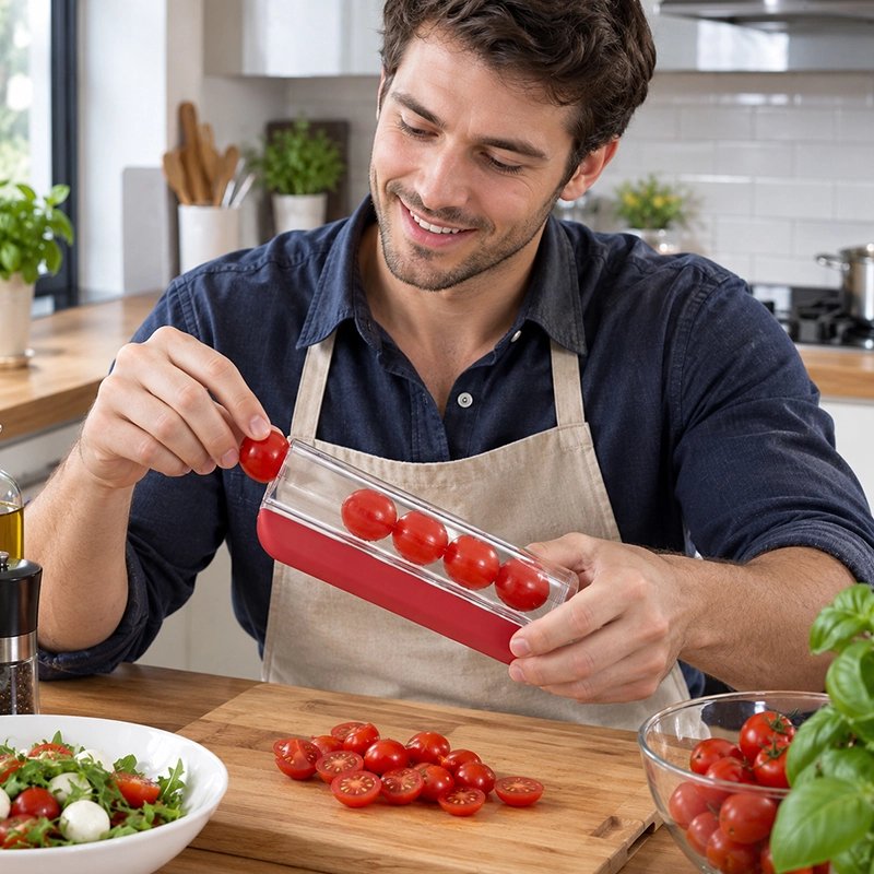 Homme souriante découpe tomate avec Coupe légumes manuel rouge