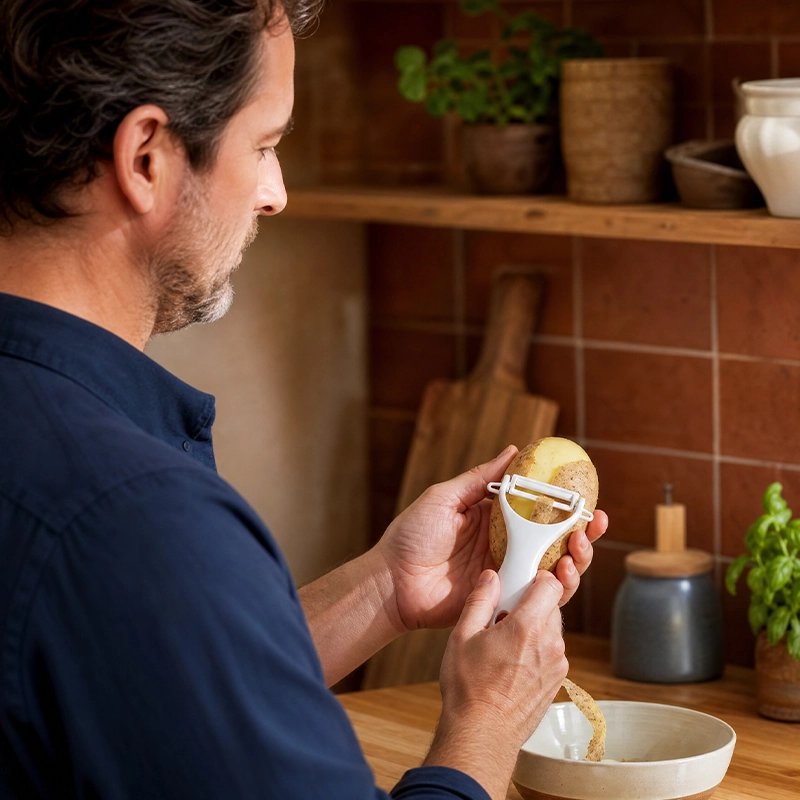 Homme utiliseant Éplucheur à légumes  en céramique pour éplucher pomme de terre
