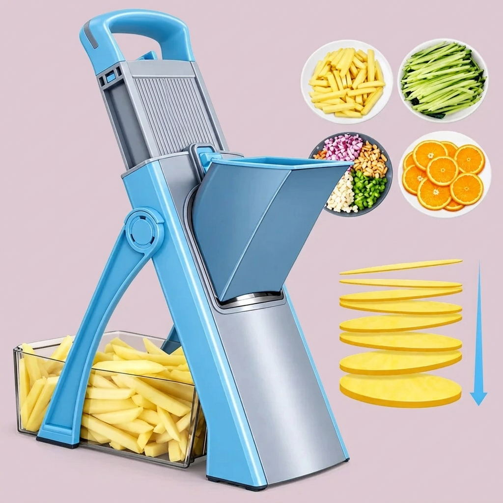 mandoline cuisine bleue a côté rondelle d'orange