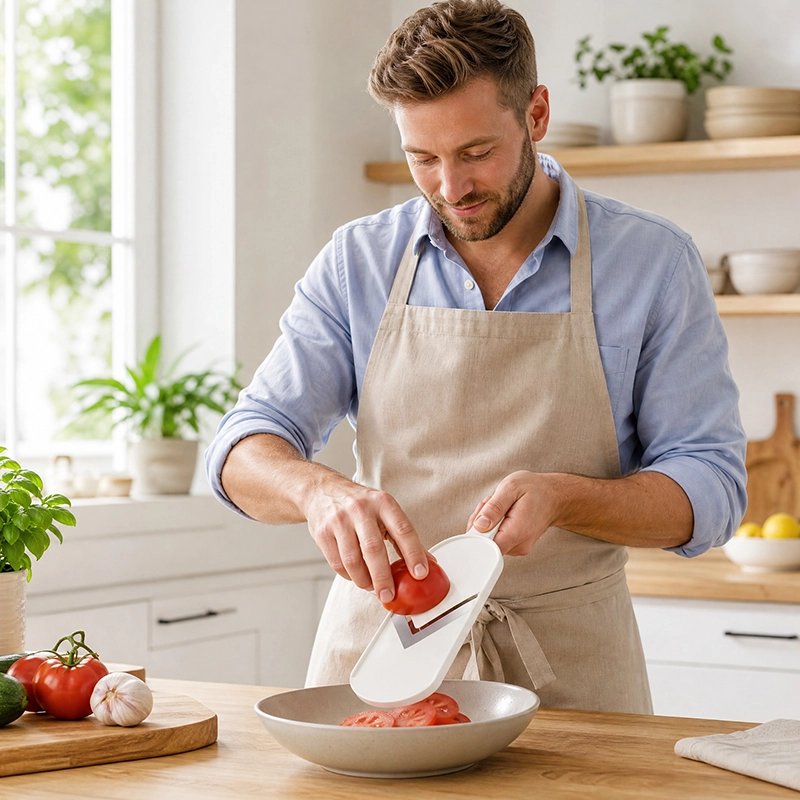 Mandoline Cuisine lame en V utilisé par un homme en tablier pour couper tomate