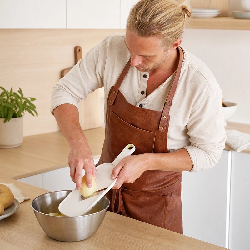 Mandoline Cuisine lame en V utilisé pour couper pomme de terre dans un saladier en acier