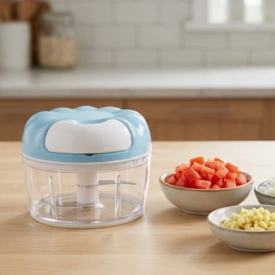 Mini hachoir bleu sur table en bois à côté tomate coupé