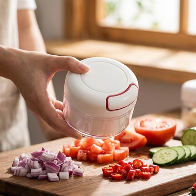 Mini hachoir manuel tenu au dessus d'un plateau de tomates oignons concombre coupé en dé