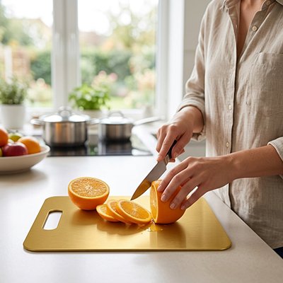Orange tranché sur Planche a decouper à côté de casserole sur plaque de cuisson