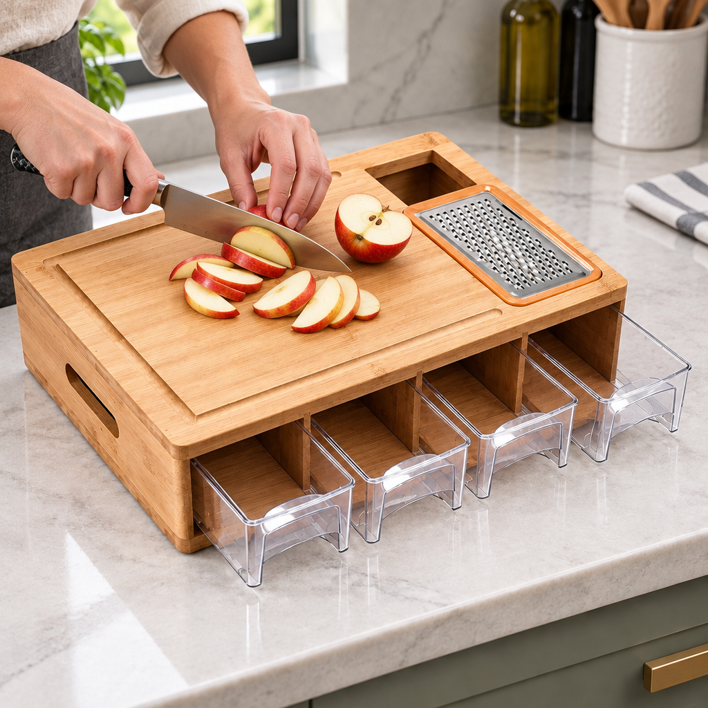 personne coupant des pommes sur la Planche a decouper professionnelle tiroirs vides