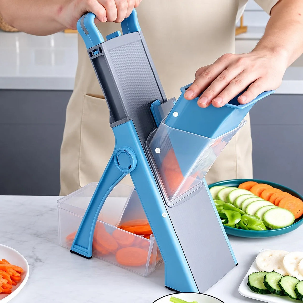 personne coupant legume avec mandoline cuisine bleu