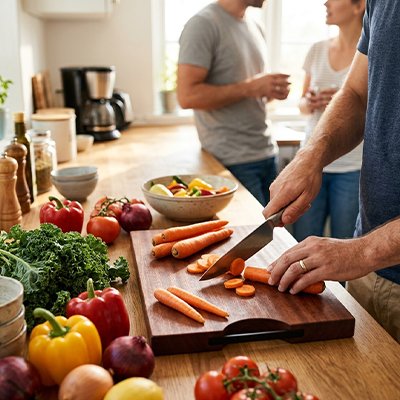 Planche à découper bois avec carotte posé sur comptoir en bois avec différents légumes