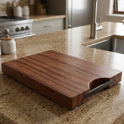 Planche à découper bois poser sur comptoir de cuisine à côté du robinet