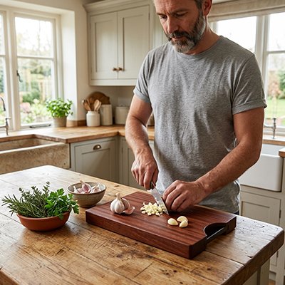 Planche à découper bois poser sur table en bois pour couper ail
