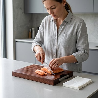 Planche à découper bois utiliser par une femme pour couper saumon