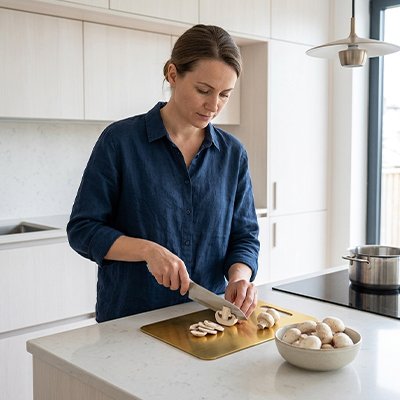 Planche a decouper sur comptoir blanc utiliser par une femme coupant des champignons